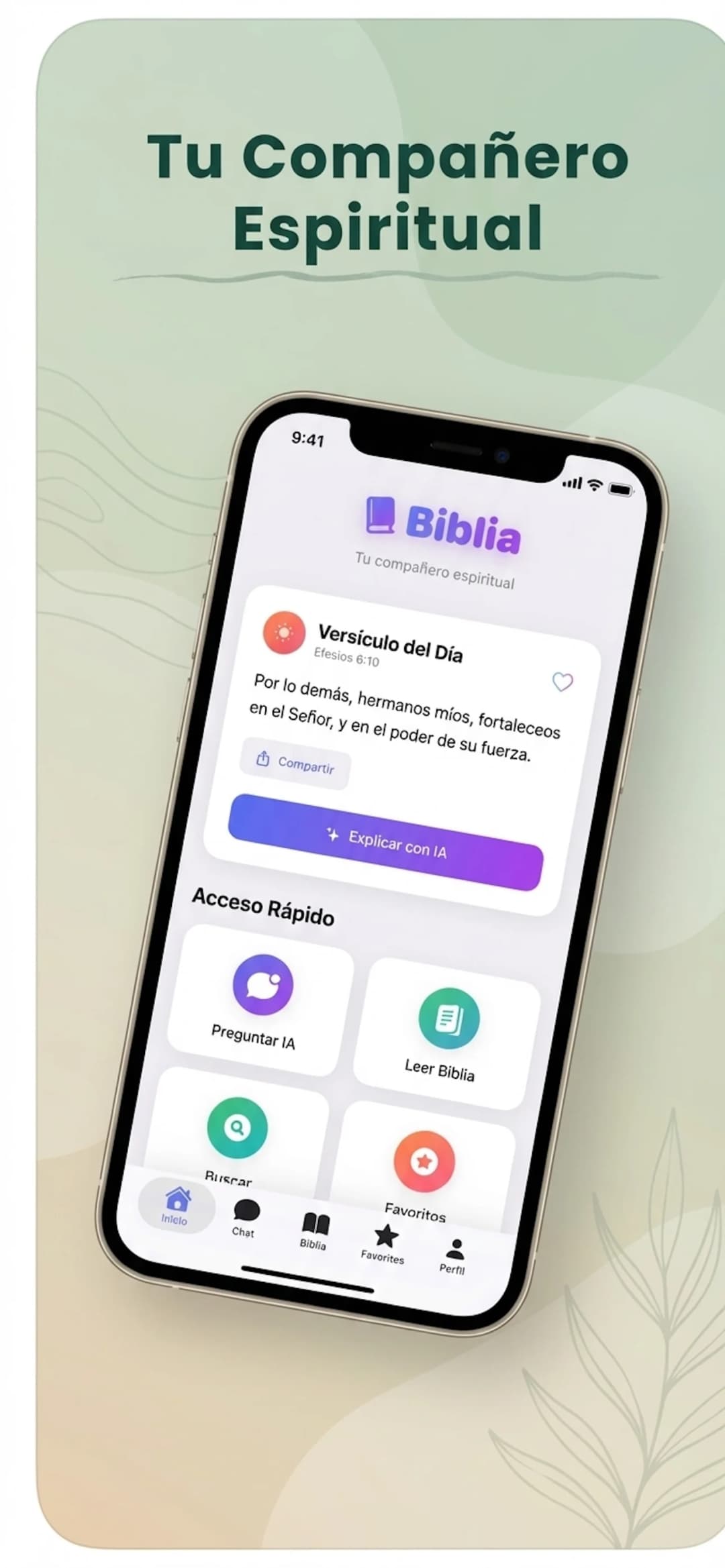 Biblia public product screenshot showing its Spanish reading and study home screen