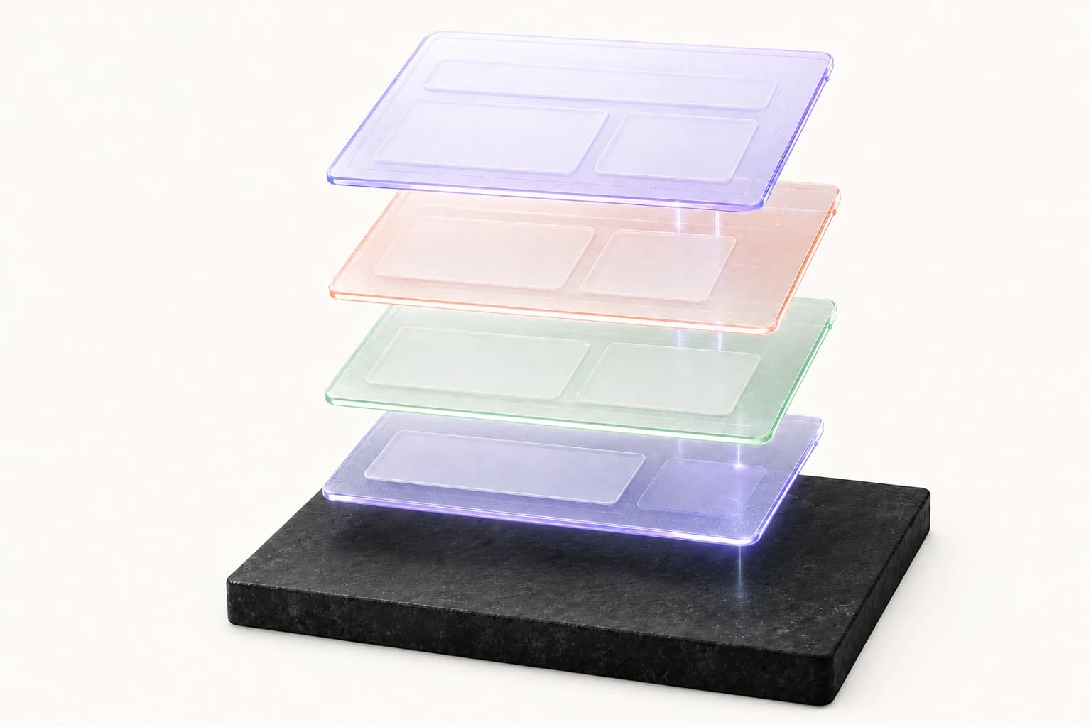 Four-layer AI 4U system blueprint on a dark stone base