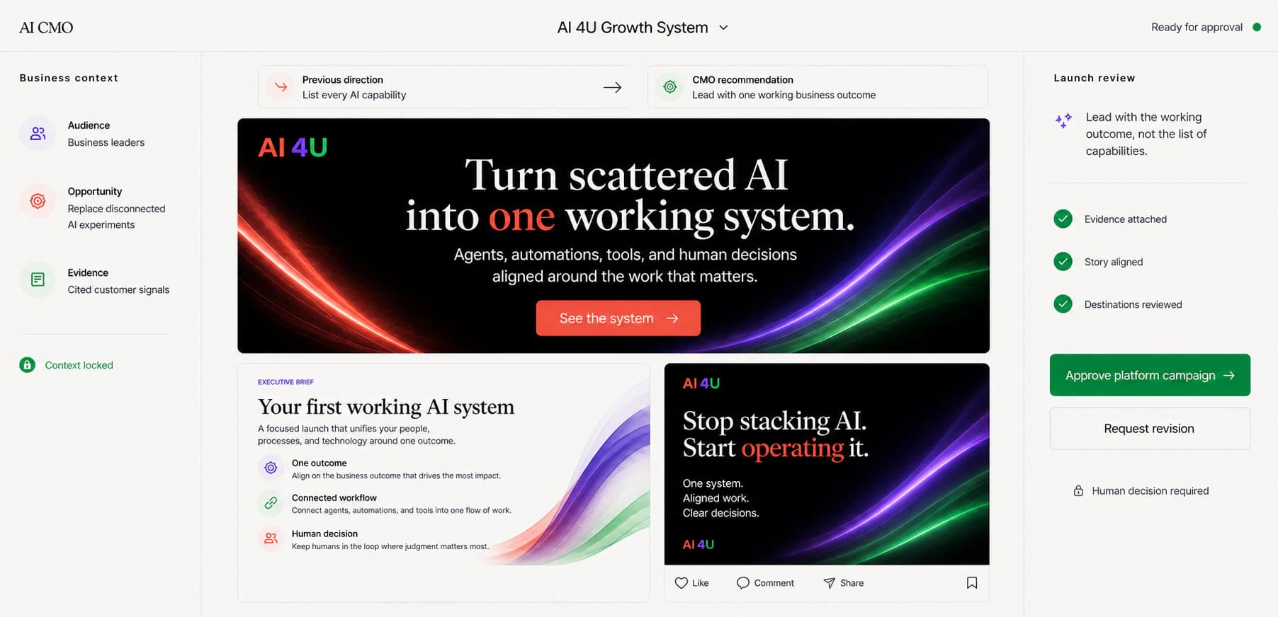 AI CMO campaign operating record with reviewed evidence, creative, and a human approval gate.