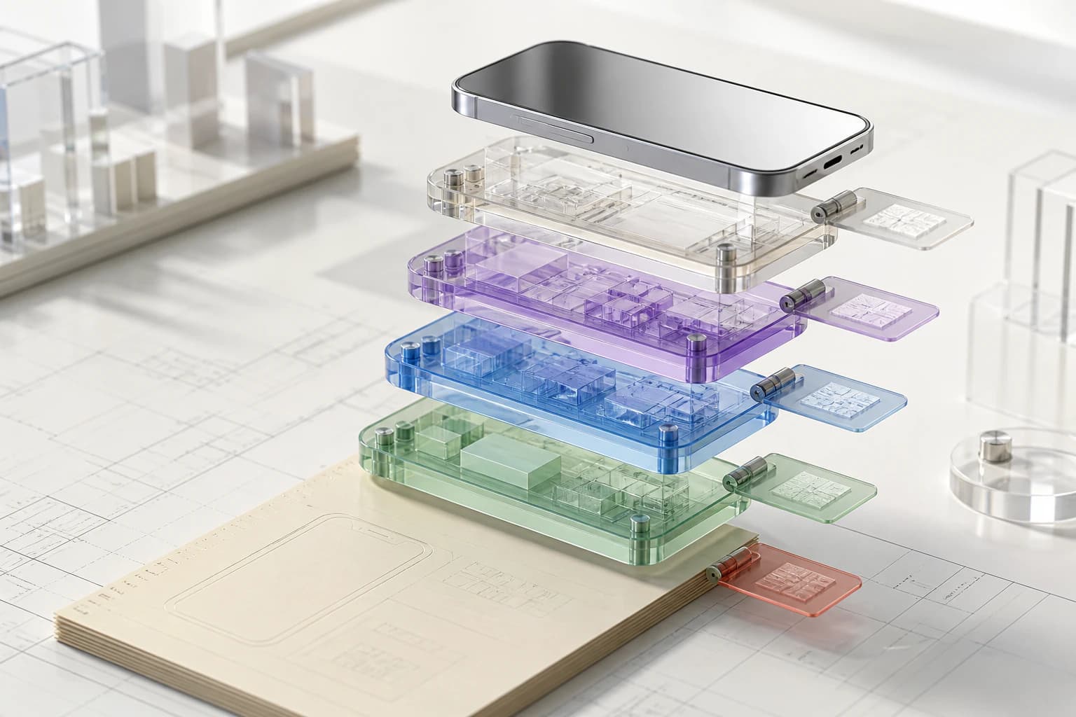 An editorial system portrait transforming a product brief through layered build stages into a finished mobile object.
