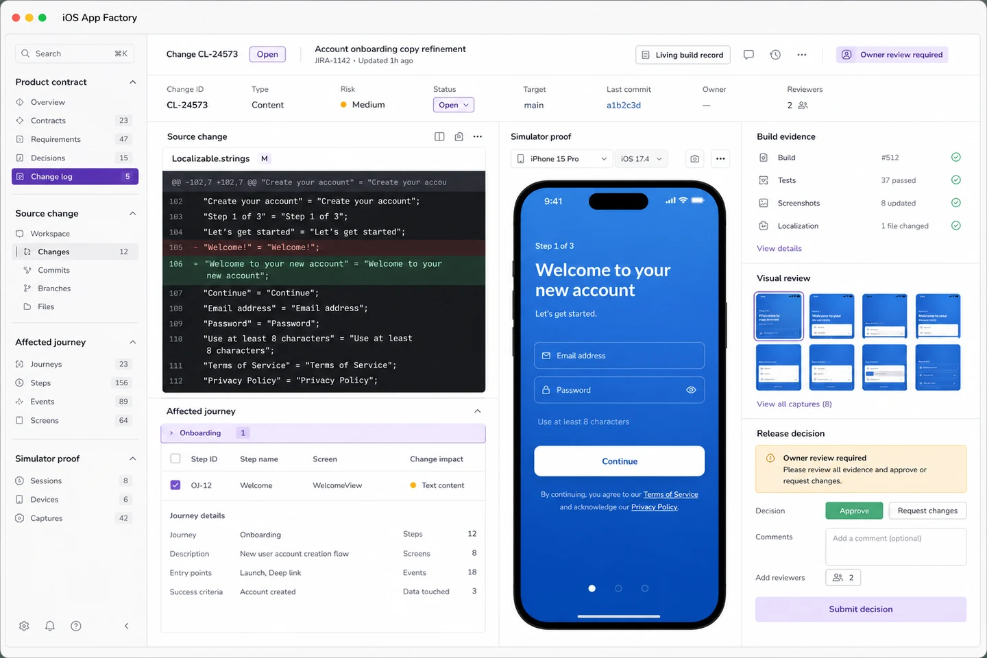 Product build workspace keeping source change, simulator proof, release evidence, and owner review connected.