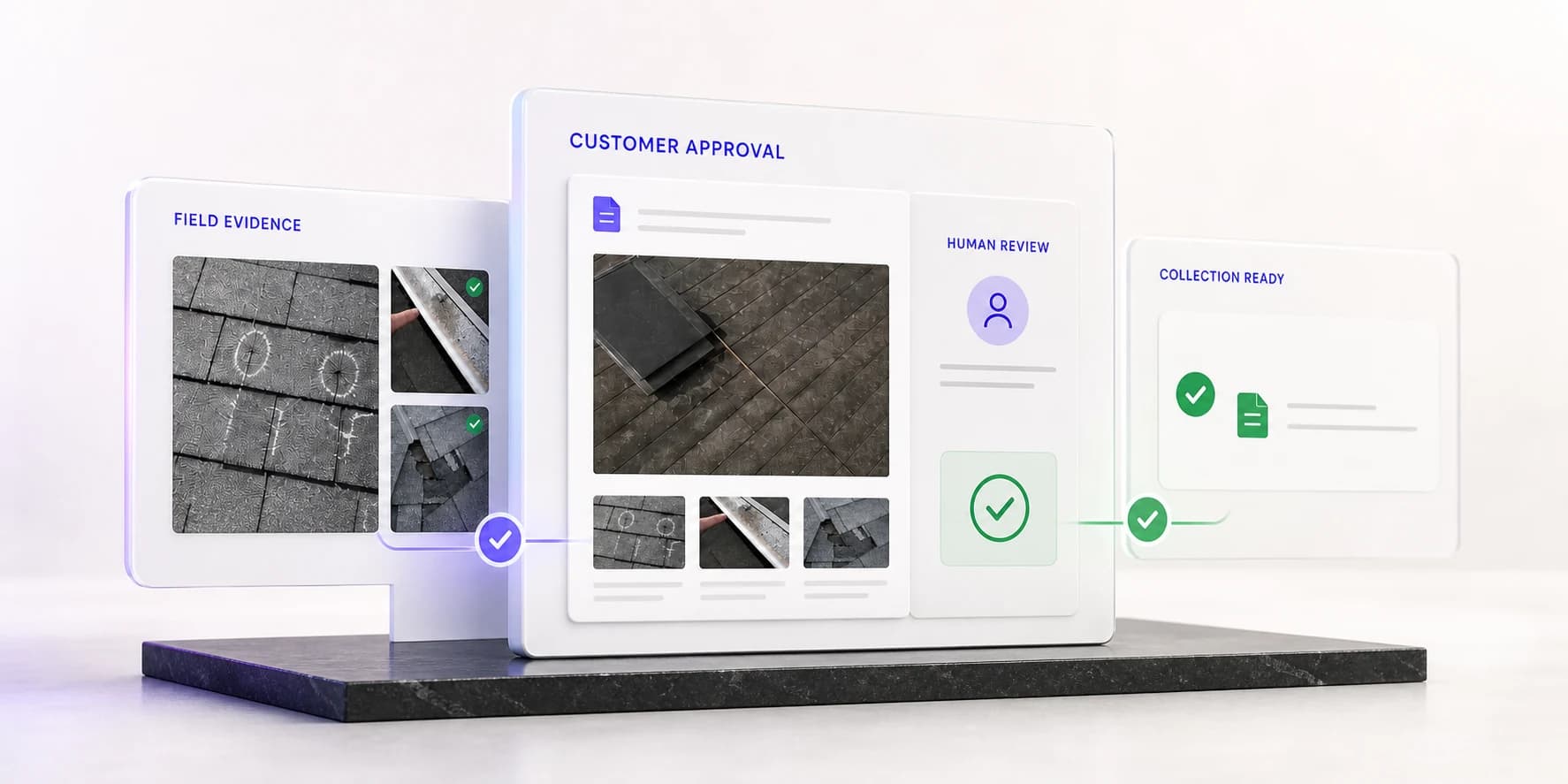 Proof-to-Paid software view connecting field evidence, human approval, and a collection-ready record.