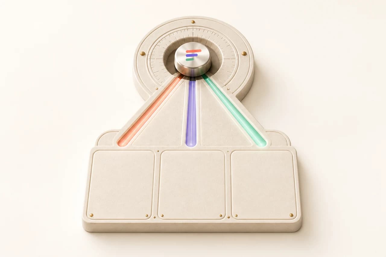 A physical AI 4U mission router with coral, violet, and green paths leading into three blank decision panels