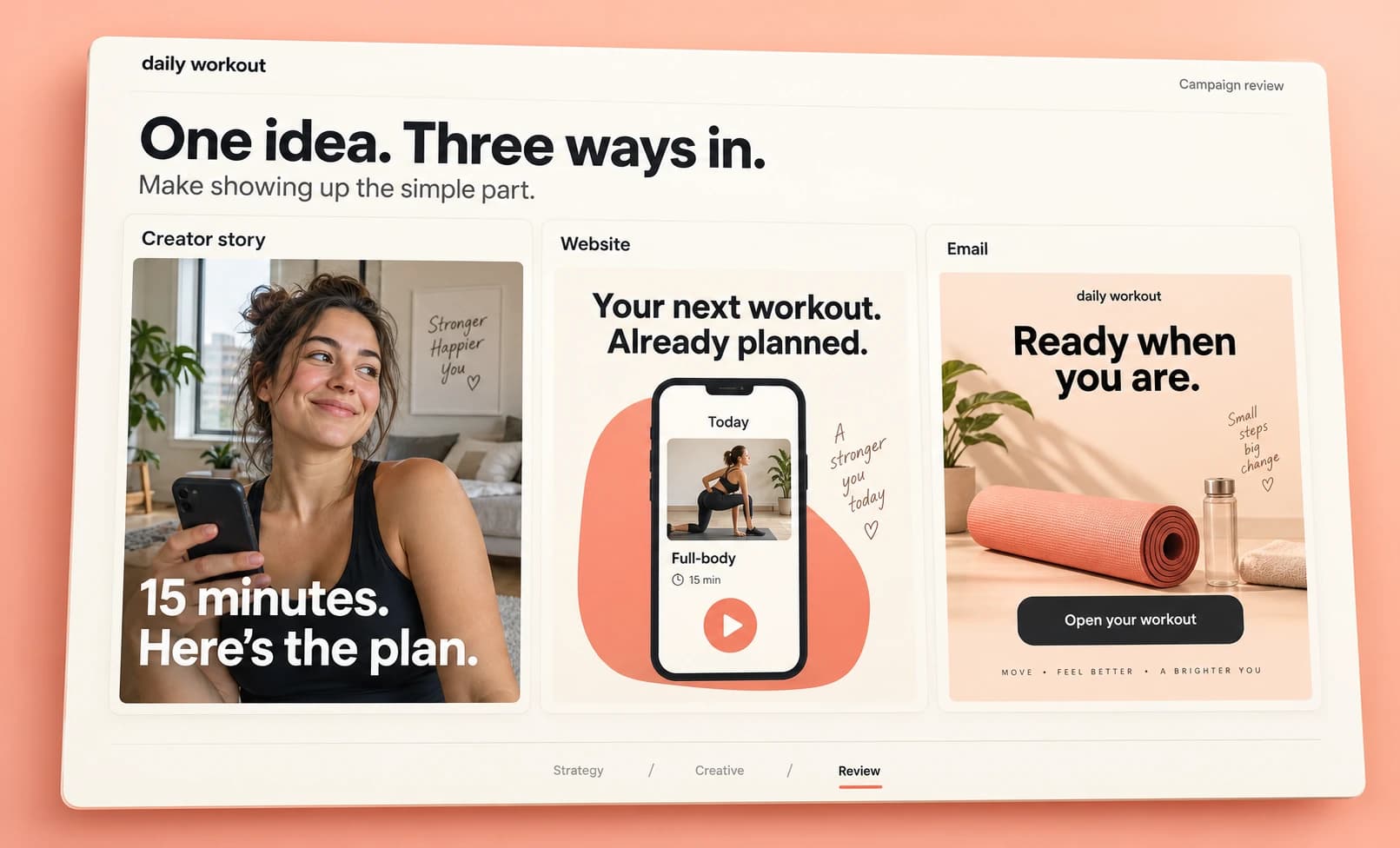An example Daily Workout campaign with creator, website and email creative sharing one direction.