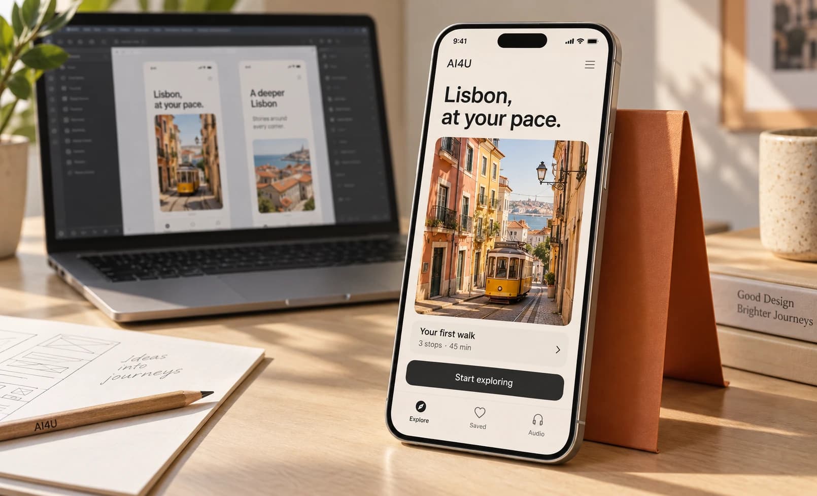 A Lisbon travel app on a silver phone beside its design canvas on a laptop in a sunlit studio.